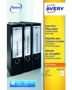 AVERY LASER INKJ LEVER ARCH LABELS 4 PER SHEET 200X60MM WHITE (PACK OF 100) L7171-25 (PACK OF 25 SHEETS)
