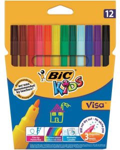 BIC KIDS VISA FELT TIP COLOURING PENS WASHABLE INK FINE TIP WALLET ASSTD COLS REF 888695 [PACK 12]