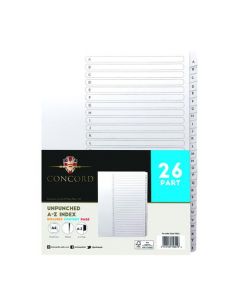 CONCORD UNPUNCHED INDEX A-Z 26 PART A4 150GSM WHITE (PACK OF 5 INDEXES) 75601