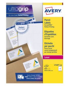 AVERY ULTRAGRIP LASER LABELS  4 PER SHEET 139X99.1MM WHITE (PACK OF 1000) L7169-250 (PACK OF 250 SHEETS)