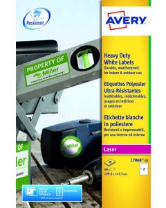 AVERY LASER LABEL HEAVY DUTY 2 PER SHEET WHITE (PACK OF 40) L7068-20 (PACK OF 20 SHEETS)