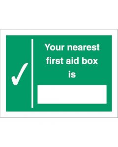 STEWART SUPERIOR YOUR NEAREST FIRST AID BOX IS SIGN W200XH150MM SELF ADHESIVE VINYL REF SP075SAV (PACK OF 1)