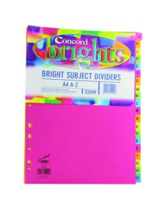 CONCORD INDEX A-Z 20-PART A4 160GSM BRIGHT ASSORTED (PACK OF 10 INDEXES) 52499