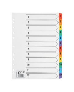 5 STAR OFFICE INDEX 1-12 MULTIPUNCHED MYLAR-REINFORCED MULTICOLOUR-TABS 150GSM A4 WHITE
