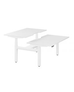 LEAP ELECTRONIC HEIGHT ADJUSTABLE TWIN BENCH DESK WITH SCALLOPED BACK, 1400MM X 800MM - WHITE TOP AND WHITE FRAME