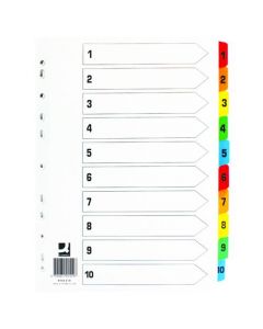 Q-CONNECT 1-10 INDEX MULTI-PUNCHED REINFORCED BOARD MULTI-COLOUR NUMBERED TABS A4 WHITE KF01519