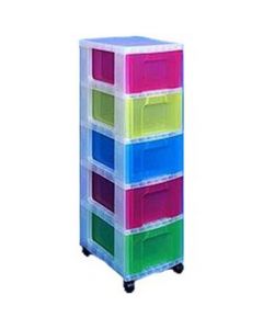 REALLY USEFUL STORAGE TOWER POLYPROPYLENE 5X12L DRAWERS W300XD420XH690MM CLEAR/ASSORTED REF DT1-9214