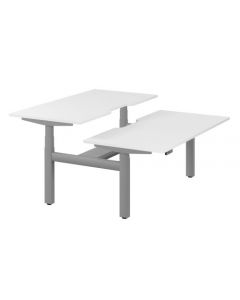 LEAP ELECTRONIC HEIGHT ADJUSTABLE TWIN BENCH DESK WITH SCALLOPED BACK, 1600MM X 800MM - WHITE TOP AND SILVER FRAME