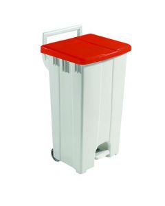 GREY 90 LITRE PLASTIC PEDAL BIN WITH RED LID 357004