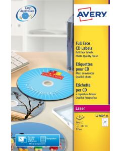 AVERY GLOSSY COLOUR FULL FACE CD/DVD LASER LABELS 2 PER SHEET (PACK OF 25 SHEETS) L7760-25