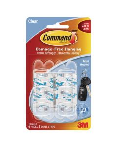 3M COMMAND MINI CLEAR HOOKS WITH CLEAR STRIPS 17006CLR (PACK OF 6)