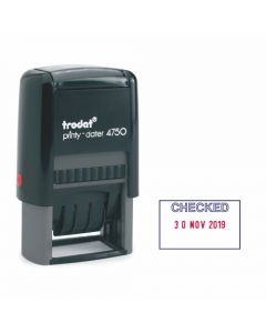 TRODAT ECOPRINTY 4750 STAMP SELF-INKING WORD AND DATE STAMP - CHECKED - 40X24MM RED/BLUE REF 141386