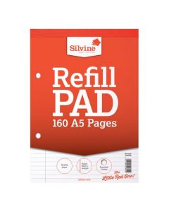 SILVINE REFILL PAD HEADBOUND 75GSM RULED MARGIN PERF PUNCHED 2 HOLES 160PP A5 RED REF A5RPFM [PACK 6]