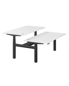 LEAP ELECTRONIC HEIGHT ADJUSTABLE TWIN BENCH DESK WITH BRUSHED ALUMINIUM PORTALS, 1600 X 800MM - WHITE TOP AND BLACK FRAME