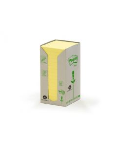 POST-IT NOTES RECYCLED TOWER 76X76MM CANARY YELLOW (PACK OF 16) 654-1T