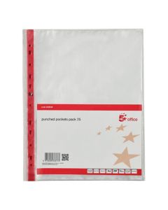 5 STAR OFFICE PUNCHED POCKET POLYPROPYLENE REINFORCED RED STRIP TOP OPENING 75 MICRON A4 CLEAR [PACK OF 25 POCKETS]