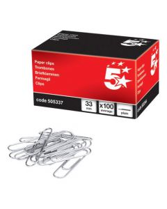 5 STAR OFFICE PAPERCLIPS METAL LARGE LENGTH 33MM PLAIN [PACK 100 CLIPS]