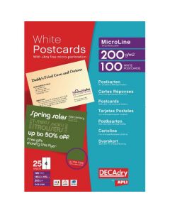 DECADRY POSTCARDS A4 MICRO-PERFORATED SHEET WHITE (PACK OF 100 CARDS) OCB3325