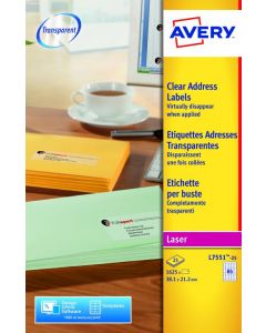 AVERY LASER LABELS 38X21MM 65 PER SHEET CLEAR (PACK OF 1625) L7551-25 (PACK OF 25 SHEETS)