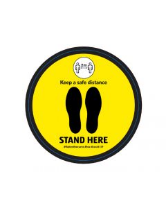 CIRCULAR "STAND HERE" SOCIAL DISTANCING SIGN 420MM. REMOVABLE AND NON-SLIP. (PACK OF 10)