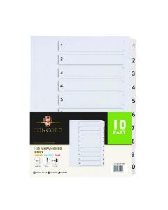 CONCORD UNPUNCHED INDEX 1-10 A4 150GSM WHITE (PACK OF 10 INDEXES) 75201