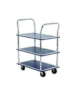 BARTON SILVER AND BLUE 3 SHELF TROLLEY WITH CHROME HANDLES PST3