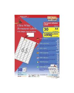 PERMANENT ADHESIVE WHITE LABELS. 65 LABELS PER SHEET. LABEL SIZE 38.1X21.2MM (PACK OF 30 SHEETS)