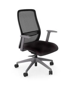 NV OPERATORS CHAIR FIXED ARMS, MESH BACK, GREY BASE, BLACK FABRIC SEAT